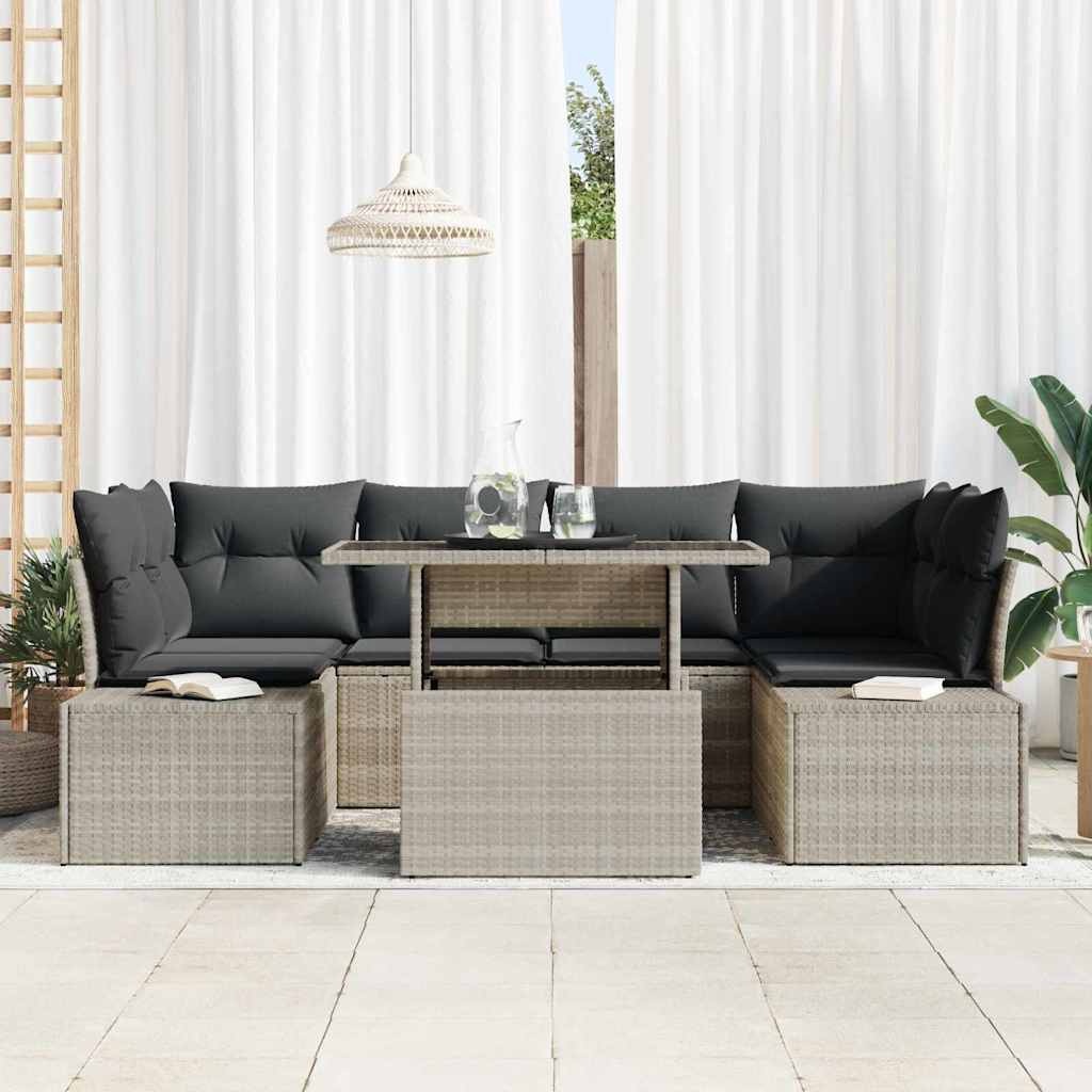Sofa Set mit Kissen 7 pcs Hellgrau Poly-Rattan