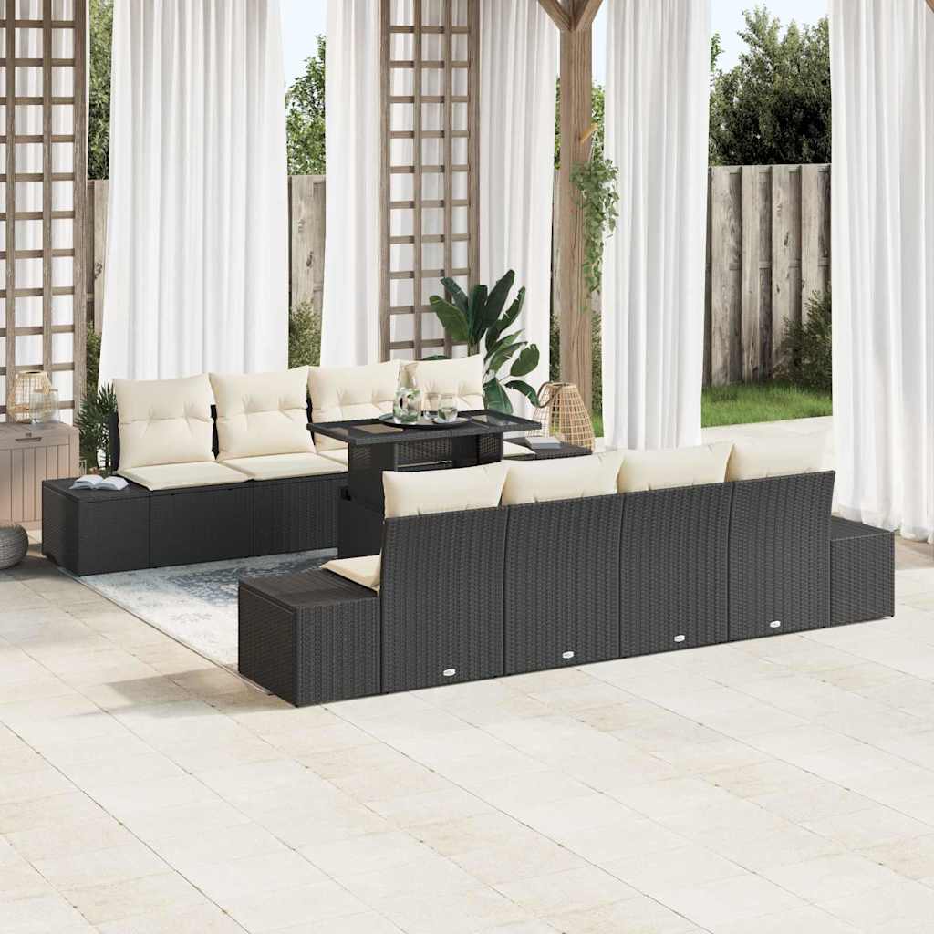 Gartensofa-set 9 stk. Schwarz und Creme Poly-Rattan