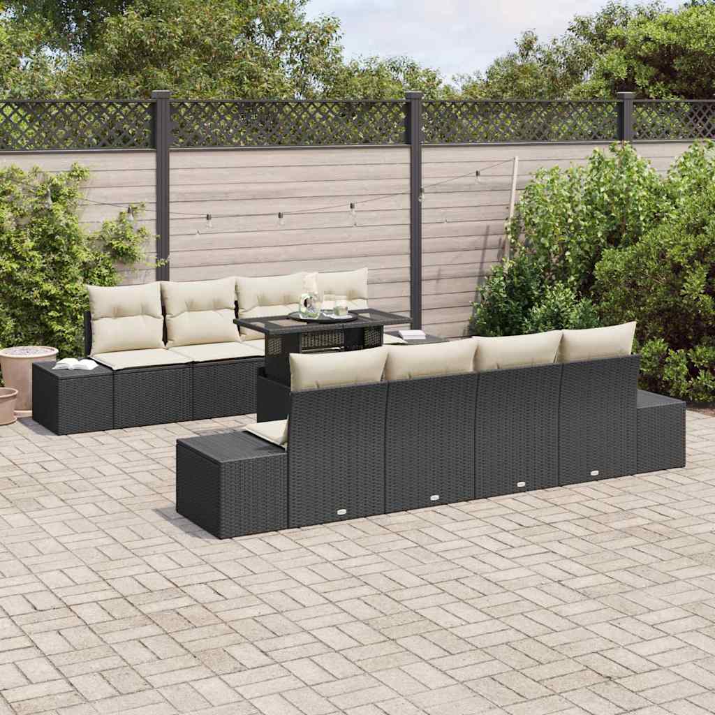 Gartensofa-set 9 stk. Schwarz und Creme Poly-Rattan