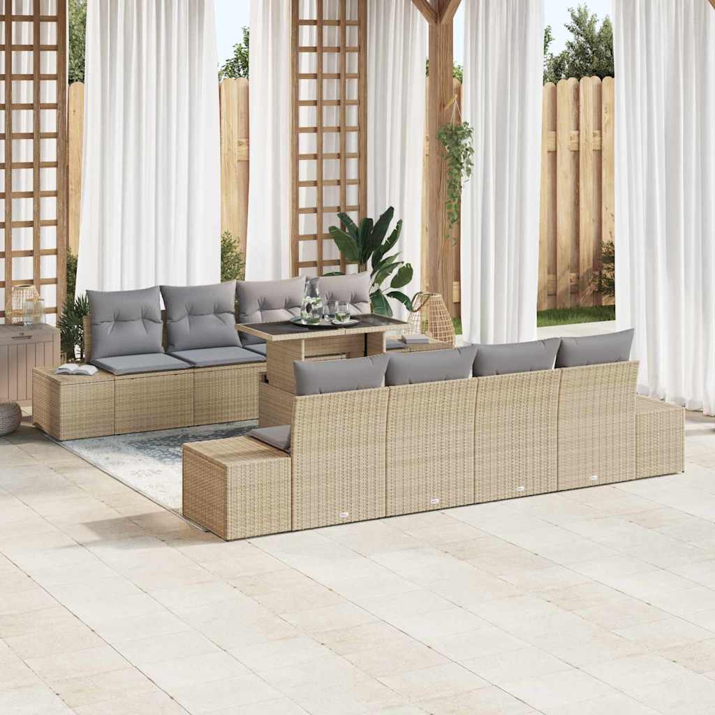 Gartensofa-set 9 stk. Beige und Hellgrau Poly-Rattan