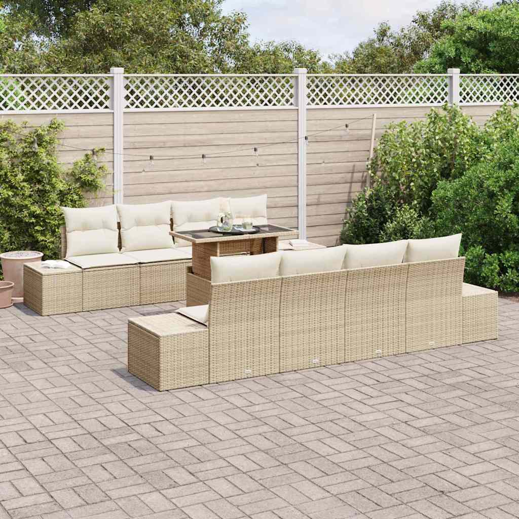 Gartensofa-set mit Kissen 9 pcs Beige und Creme Poly-Rattan