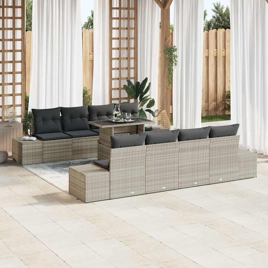 Gartensofa-set mit Kissen 9 pcs Hellgrau Poly-Rattan