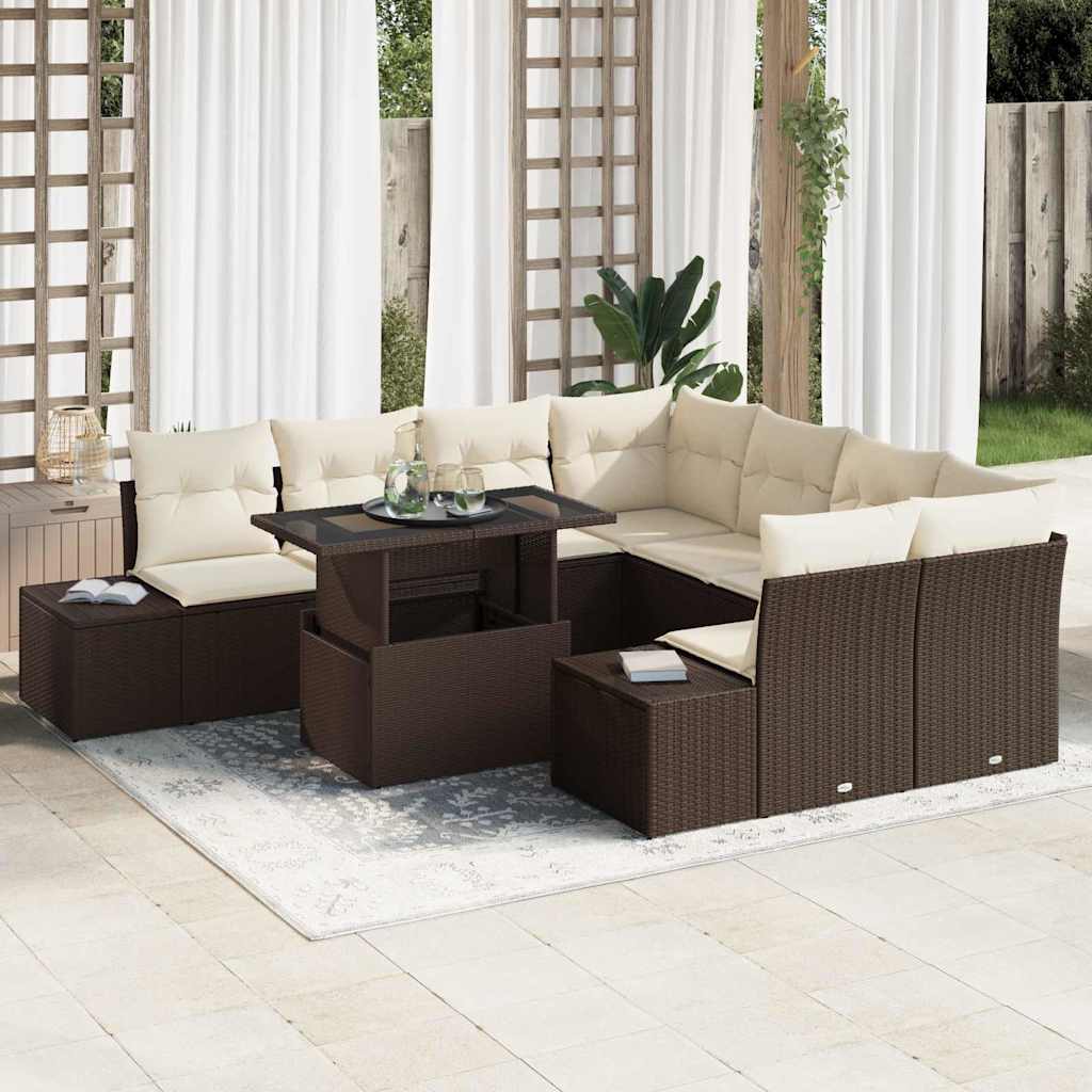 Gartensofa-set 9 stk. Braun und Creme Poly-Rattan