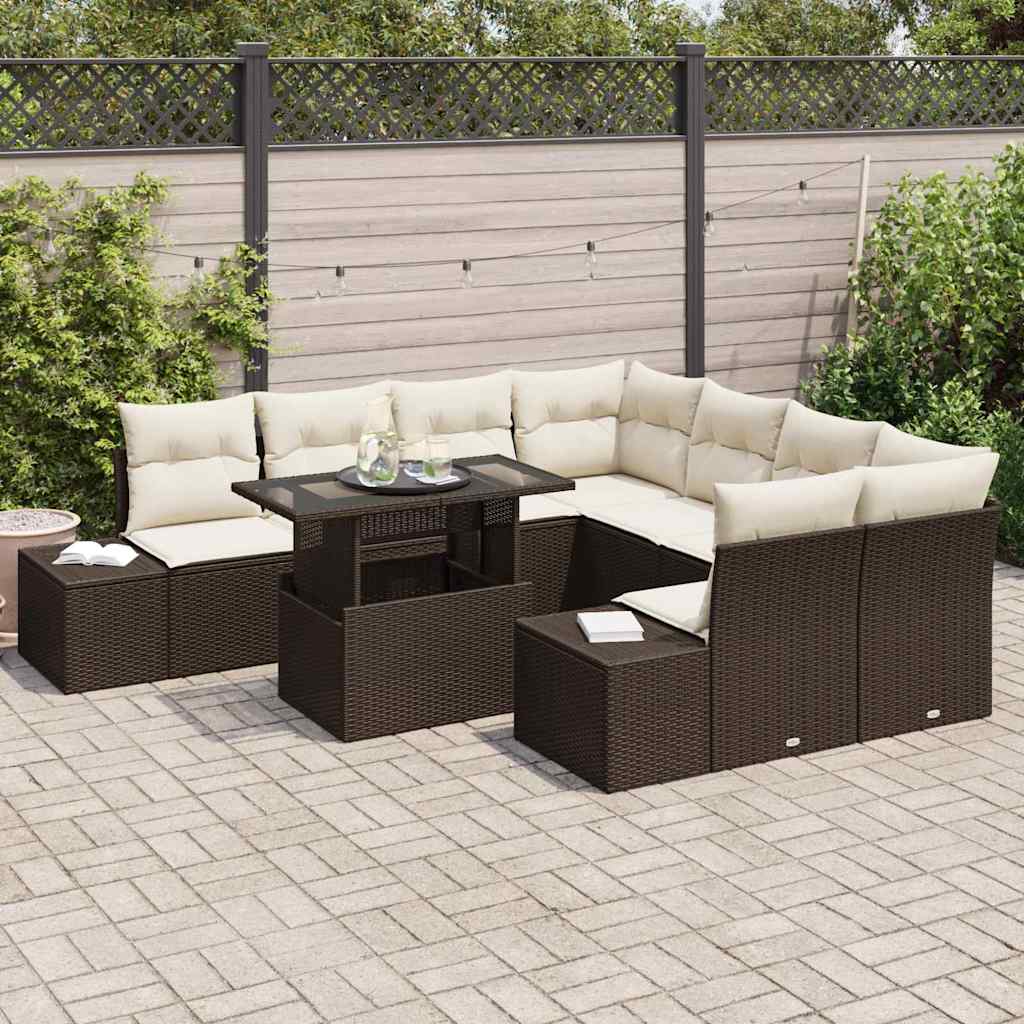 Gartensofa-set 9 stk. Braun und Creme Poly-Rattan
