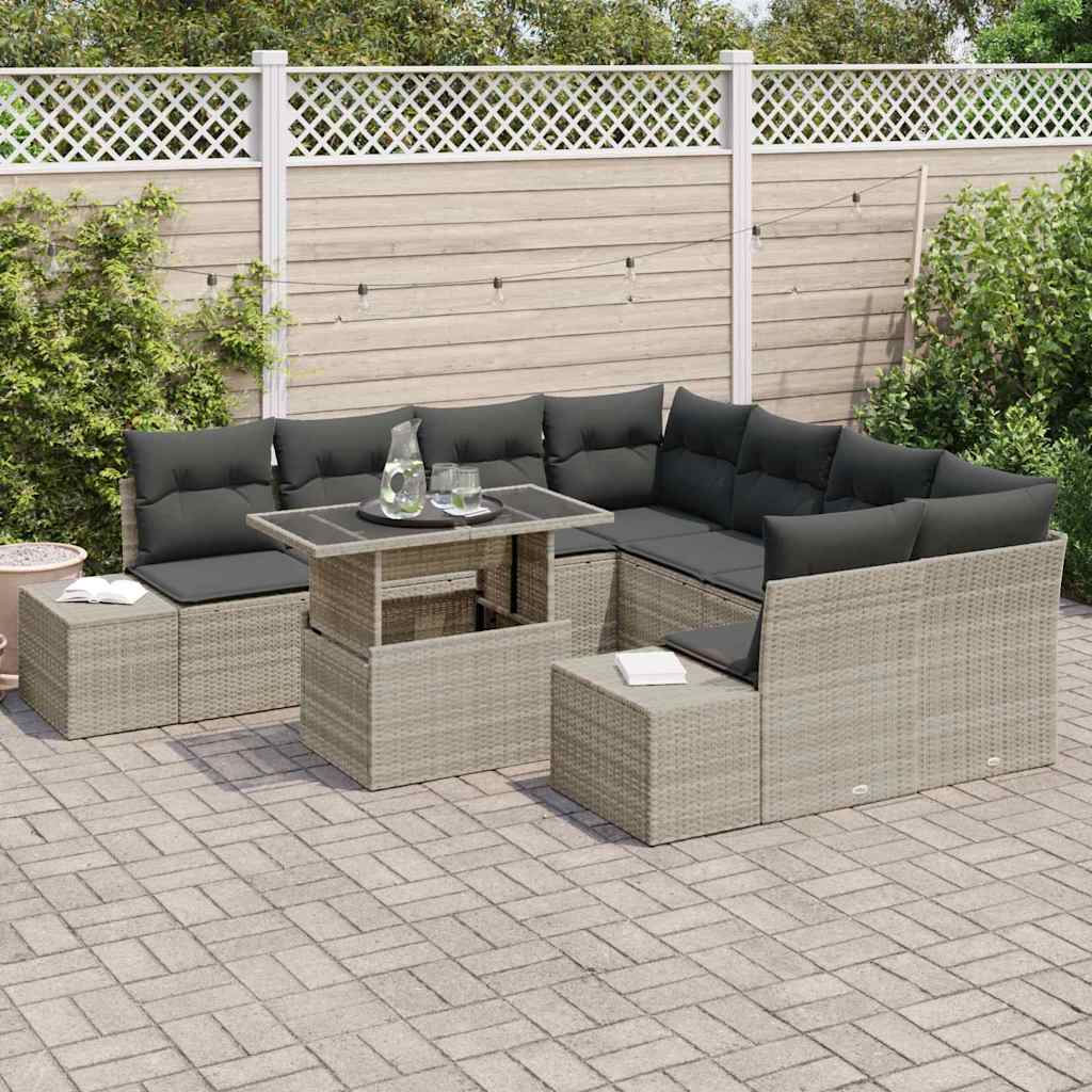 Gartensofa-set mit Kissen 9 pcs Hellgrau Poly-Rattan