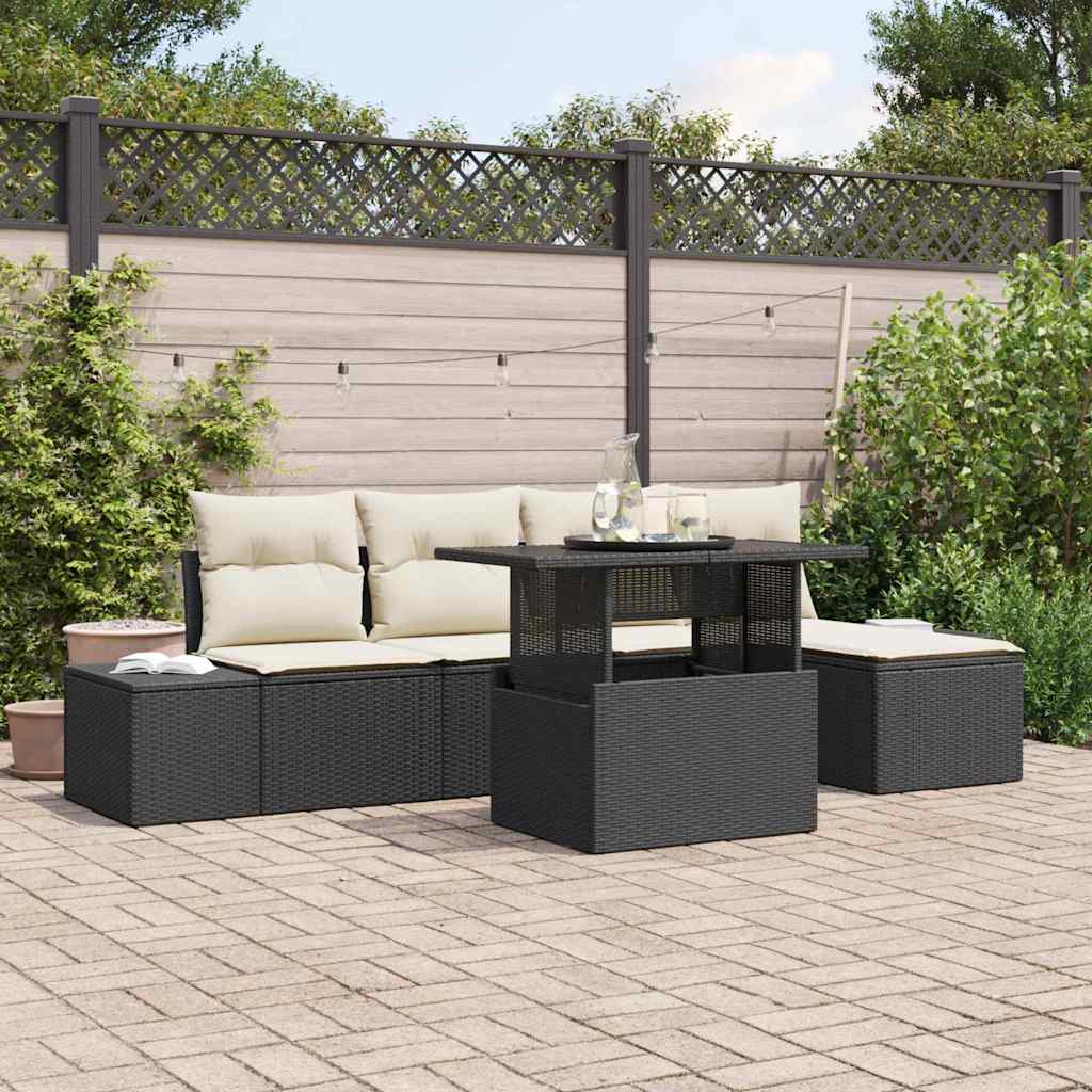 Gartensofa-set 6 stk. Schwarz und Creme Poly-Rattan