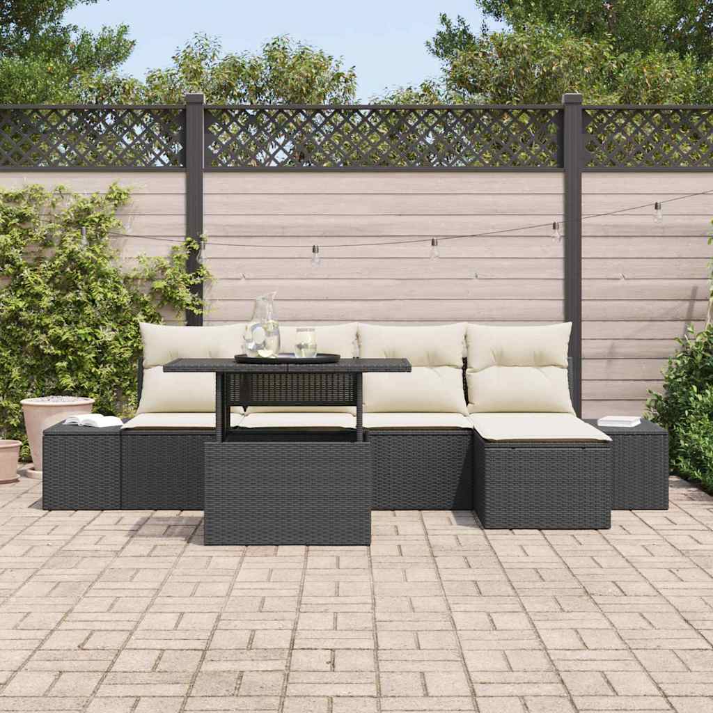 Gartensofa-set 6 stk. Schwarz und Creme Poly-Rattan