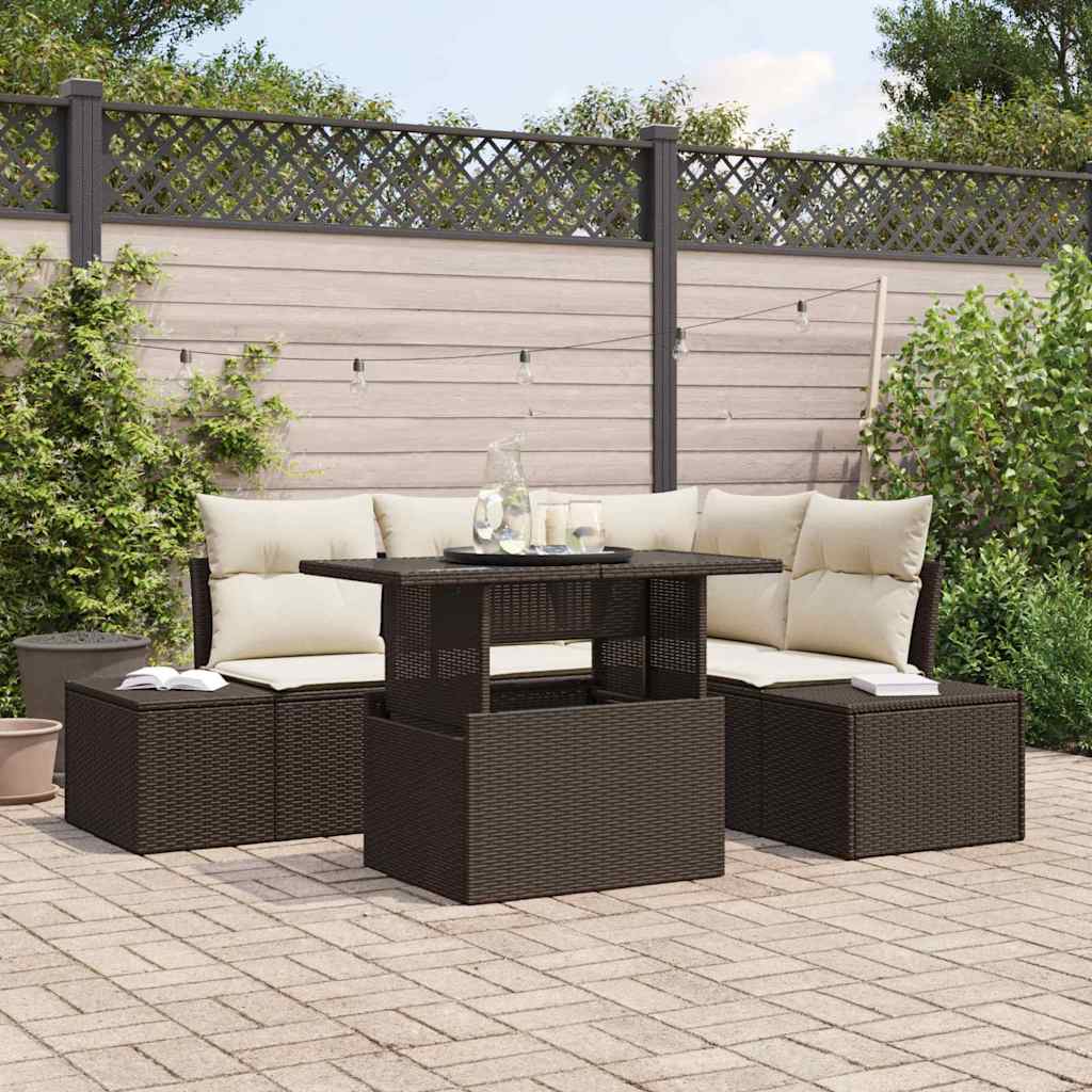 Gartensofa-set 5 stk. Braun und Creme Poly-Rattan