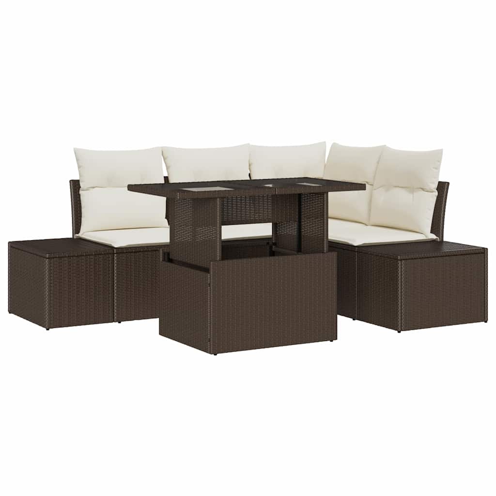 Gartensofa-set 5 stk. Braun und Creme Poly-Rattan