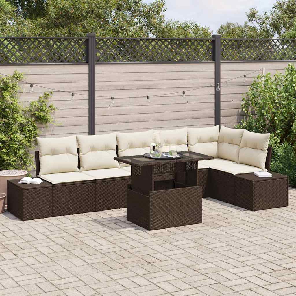 Garten-Sofa-Set mit Kissen mit Speicher 7 pcs Braun und Creme