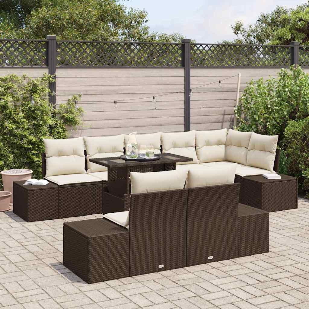 Gartensofa-set 9 stk. Braun und Creme Poly-Rattan