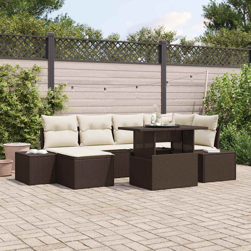 Gartensofa-set 7 stk. Braun und Creme Poly-Rattan