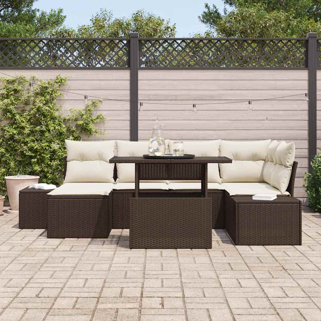 Gartensofa-set 7 stk. Braun und Creme Poly-Rattan