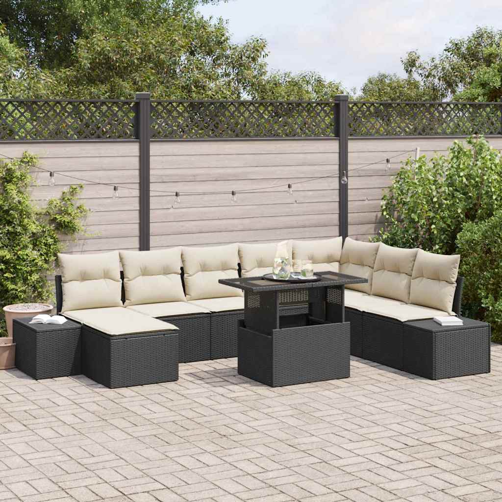 Gartensofa-set 9 stk. Schwarz und Creme Poly-Rattan
