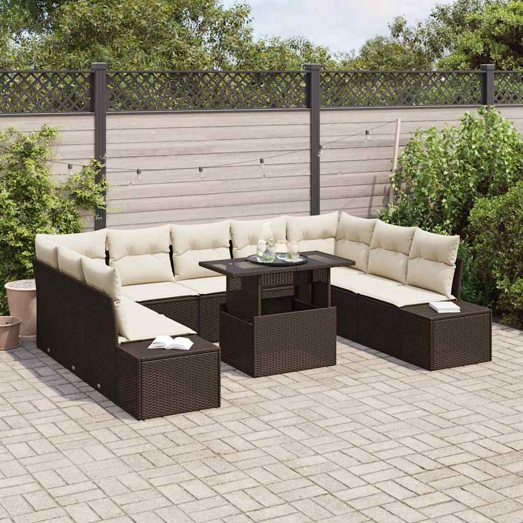 Gartensofa-set 10 stk. Braun und Creme Poly-Rattan