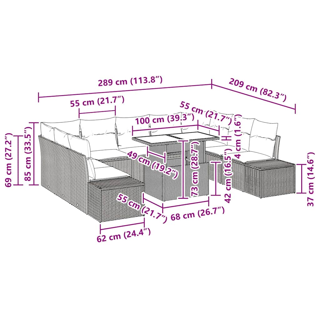 Gartensofa-set 10 stk. Hellgrau Poly-Rattan