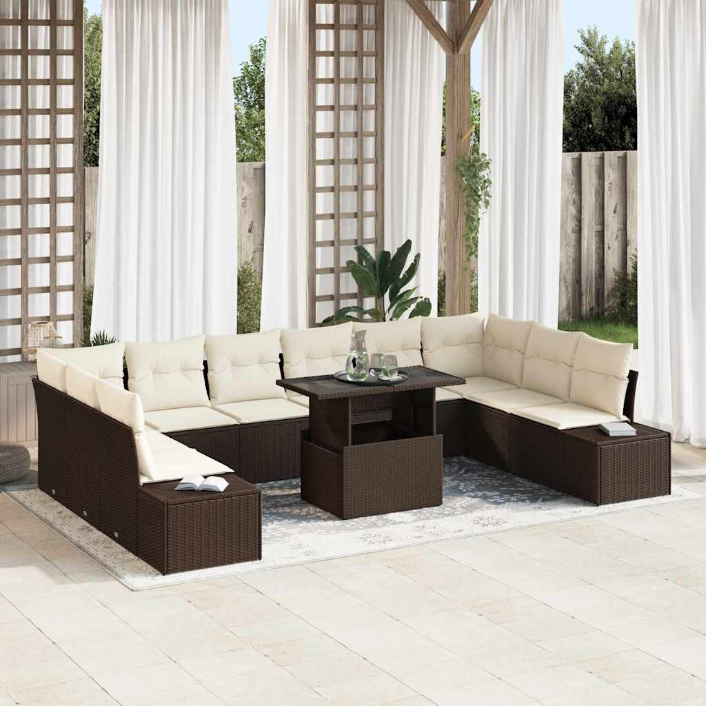 Gartensofa-set 11 stk. Braun und Creme Poly-Rattan