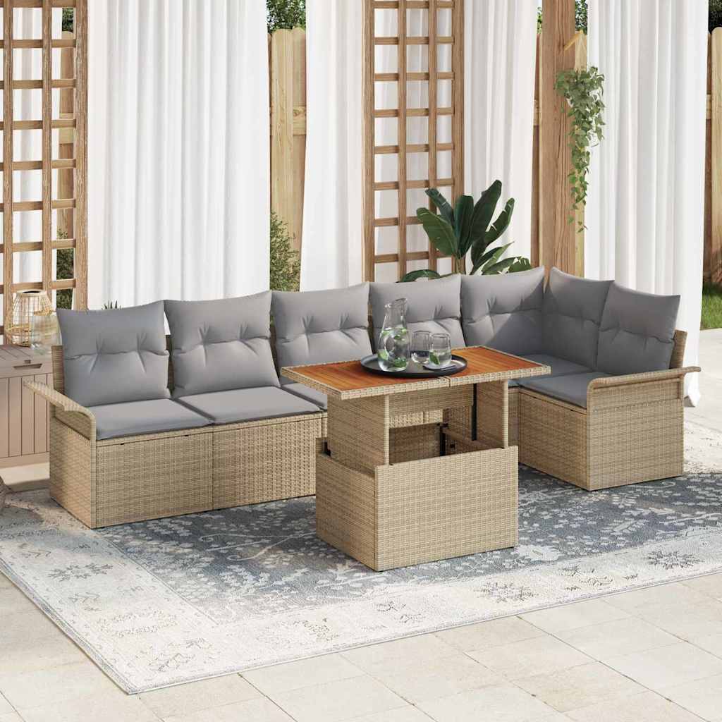 Gartensofa-set mit Kissen 7 pcs Beige und Hellgrau Poly-Rattan