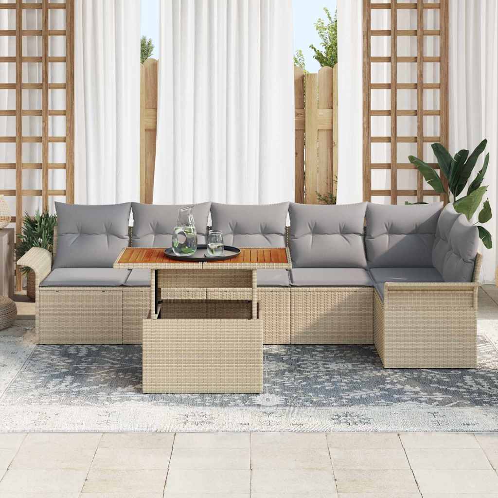 Gartensofa-set mit Kissen 7 pcs Beige und Hellgrau Poly-Rattan