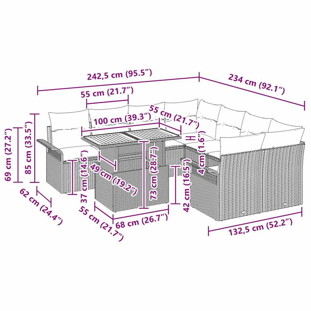 Gartensofa-set 11 stk. Grau Poly-Rattan