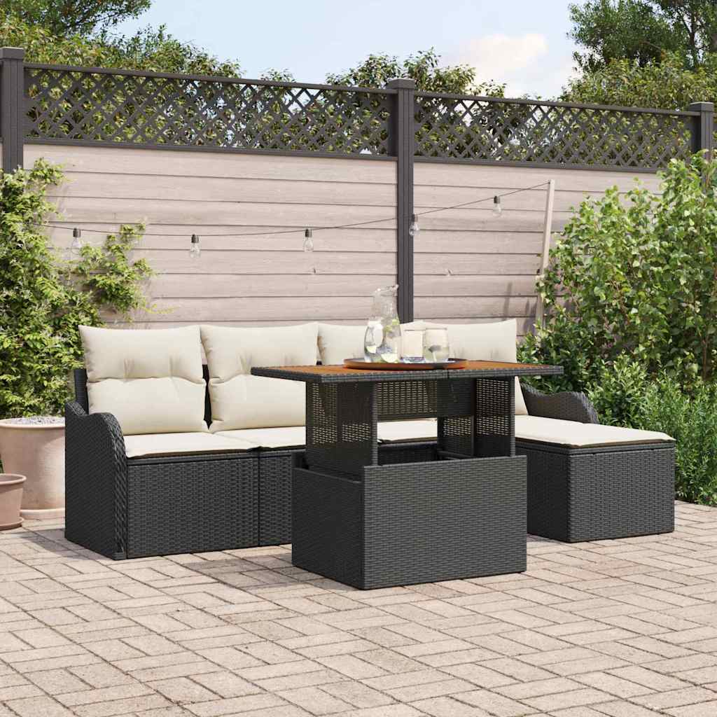 Gartensofa-set 6 stk. Schwarz und Creme Poly-Rattan
