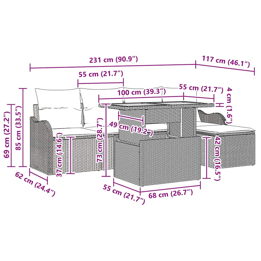 Gartensofa-set 6 stk. Schwarz Poly-Rattan