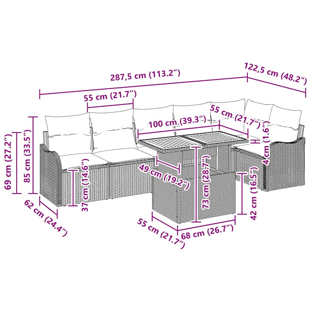 Garten-Sofa-Set mit Kissen 7 pcs Schwarz