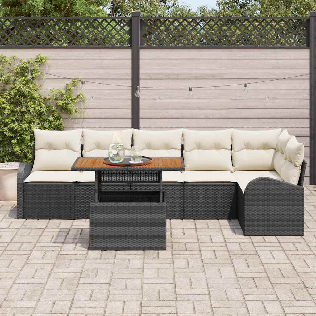 Garten-Sofa-Set mit Kissen 7 pcs Schwarz und Creme