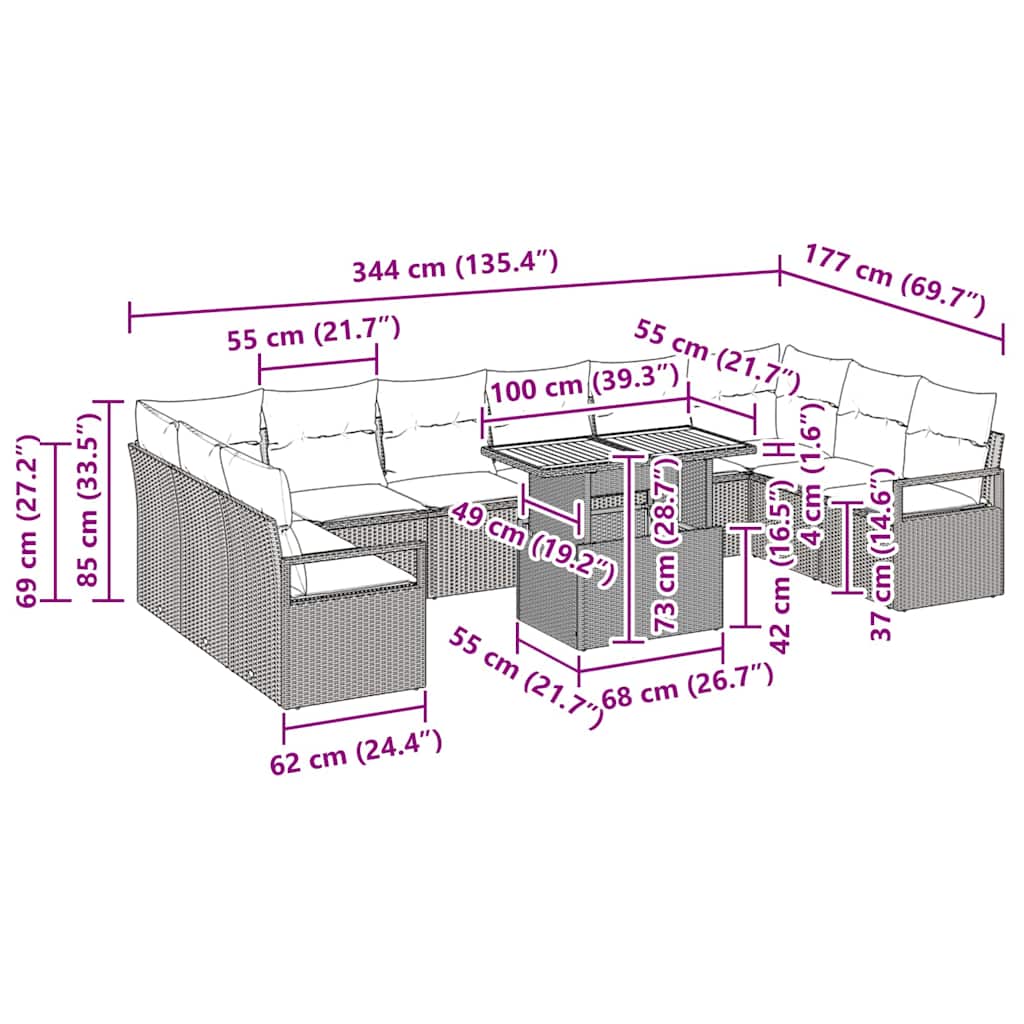 Garten-Sofa-Set mit Kissen 11 pcs Schwarz und Creme