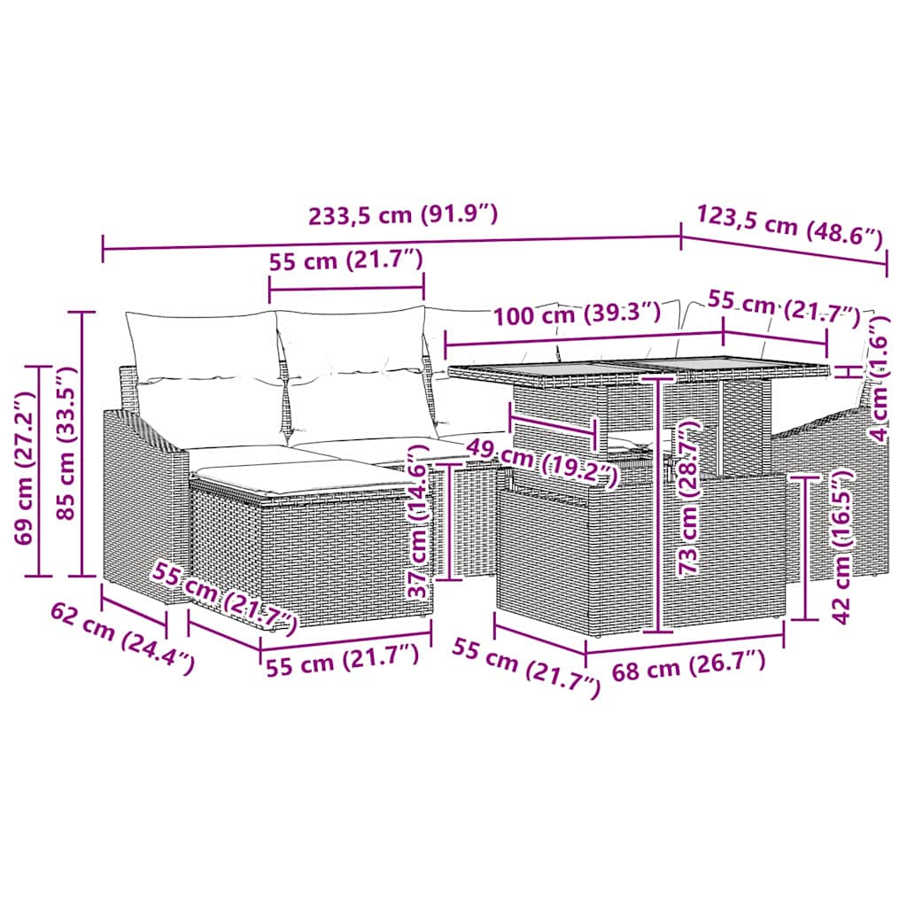 Garten Essgruppe mit Kissen 7 pcs Schwarz und Braun
