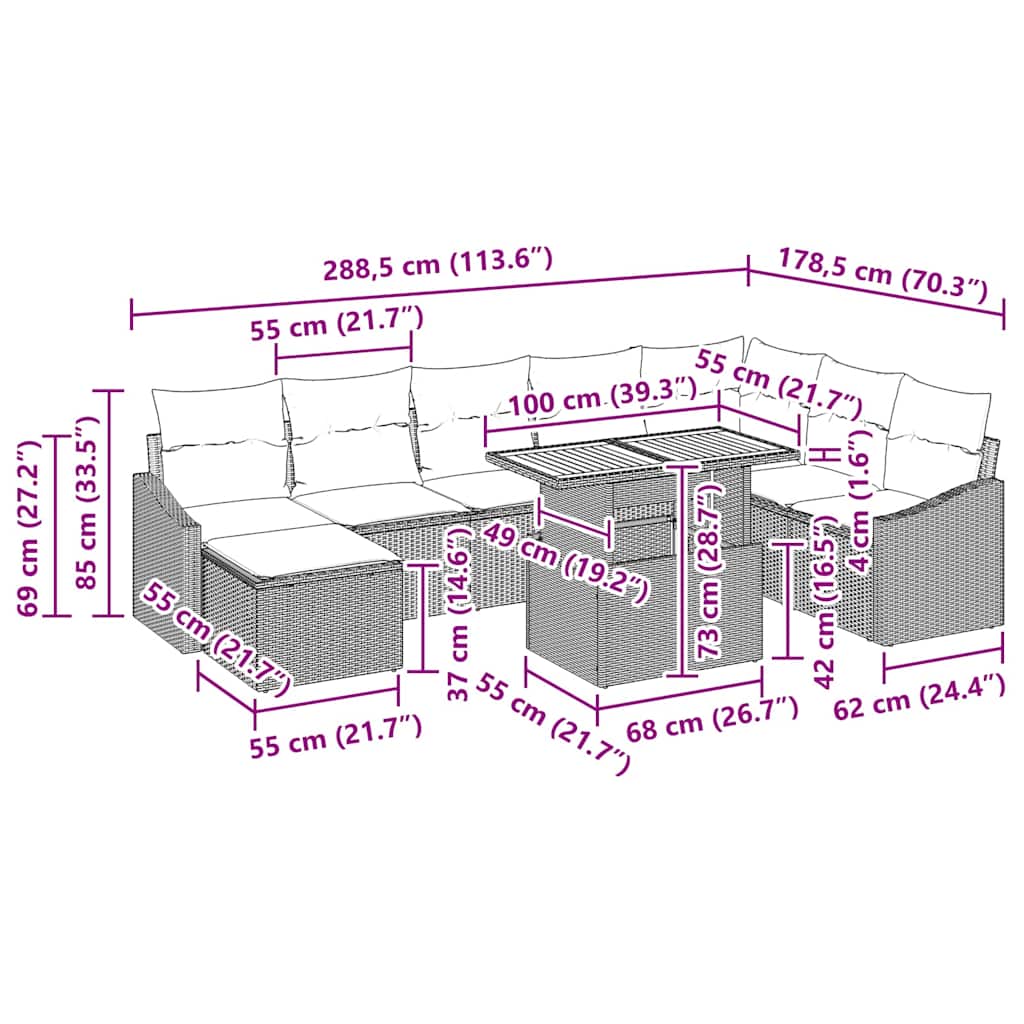 Garten Essgruppe mit Kissen 9 pcs Schwarz und Braun