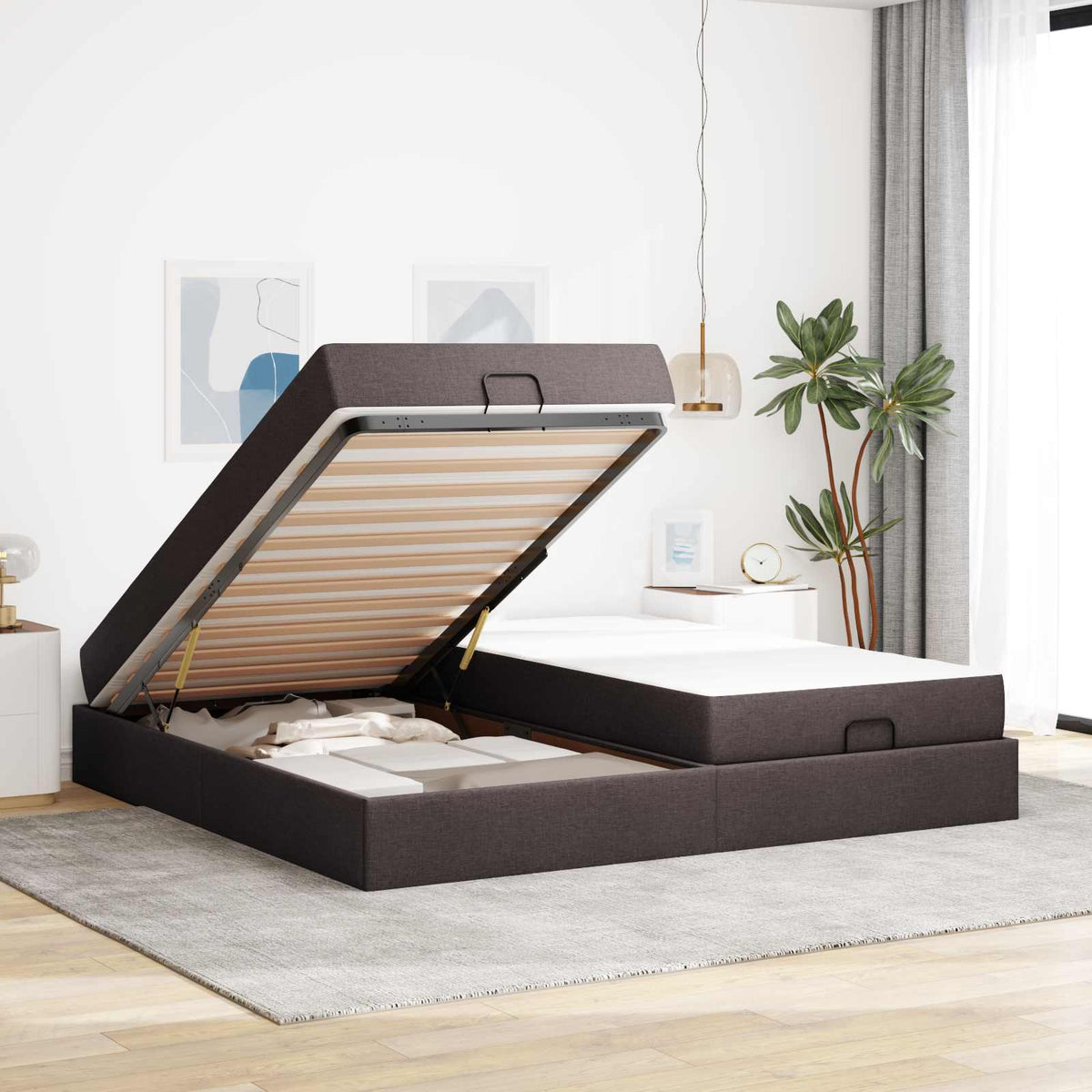 Bettgestell mit Matratze 2 Stk. Hellbraun Stoff