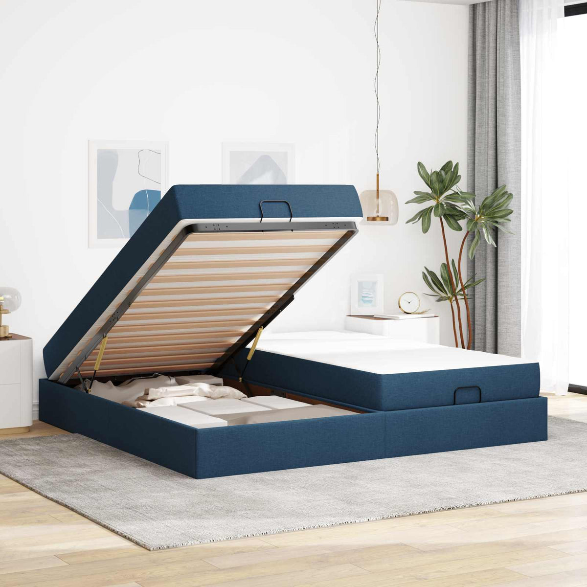 Bettgestell mit Matratze 2 Stk. Blau Stoff