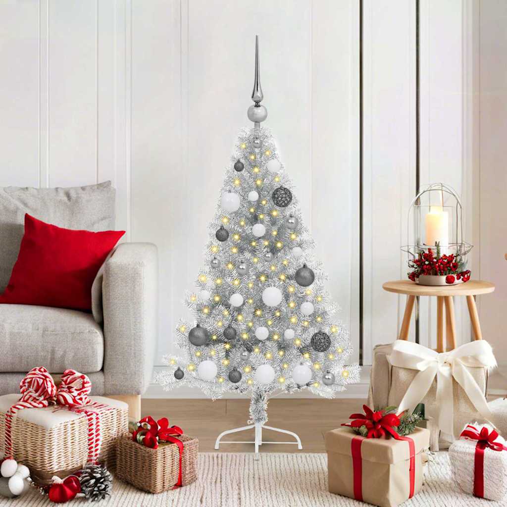 Künstlicher vorbeleuchteter Weihnachtsbaum Silber 120 cm PET