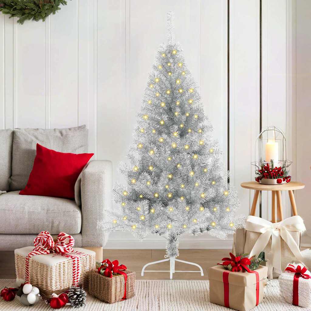 Künstlicher vorbeleuchteter Weihnachtsbaum Silber 150 cm PET
