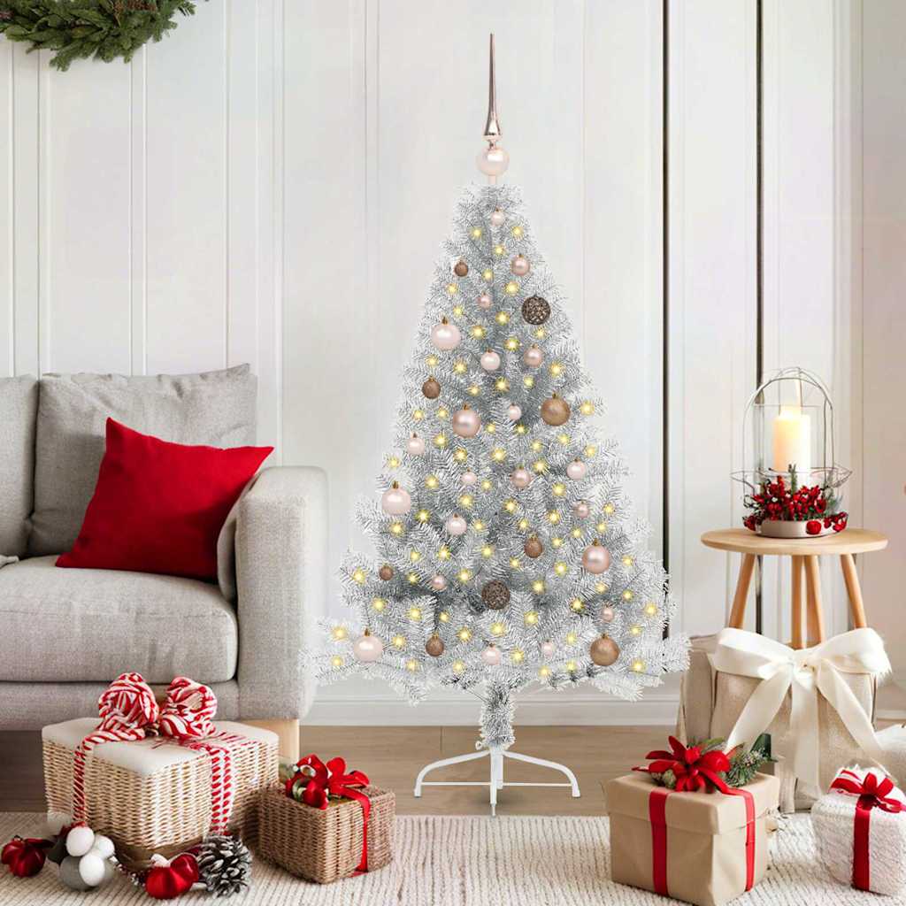 Künstlicher vorbeleuchteter Weihnachtsbaum Silber 150 cm PET