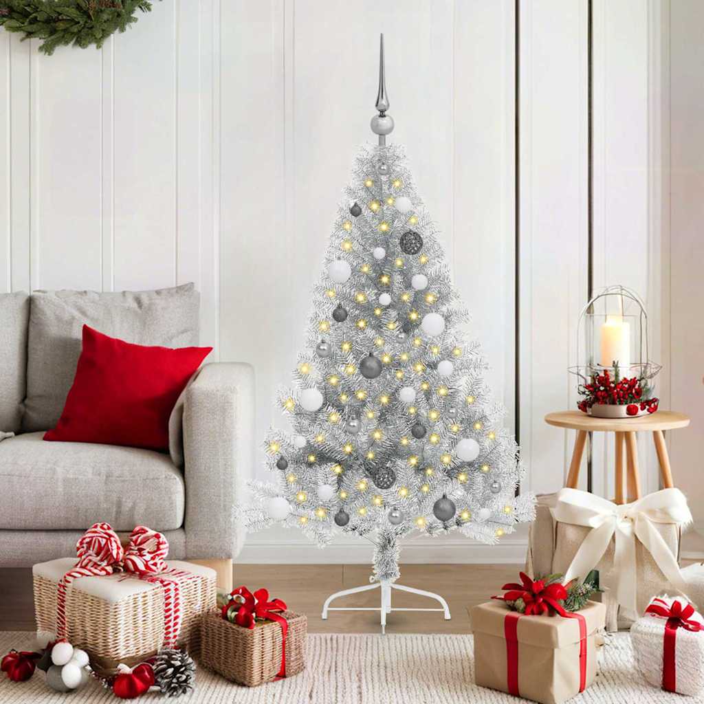 Künstlicher vorbeleuchteter Weihnachtsbaum Silber 150 cm PET
