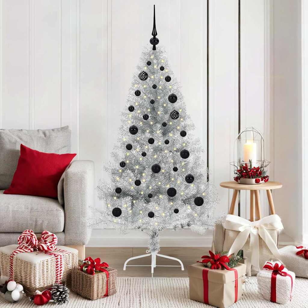 Künstlicher vorbeleuchteter Weihnachtsbaum Silber 150 cm PET