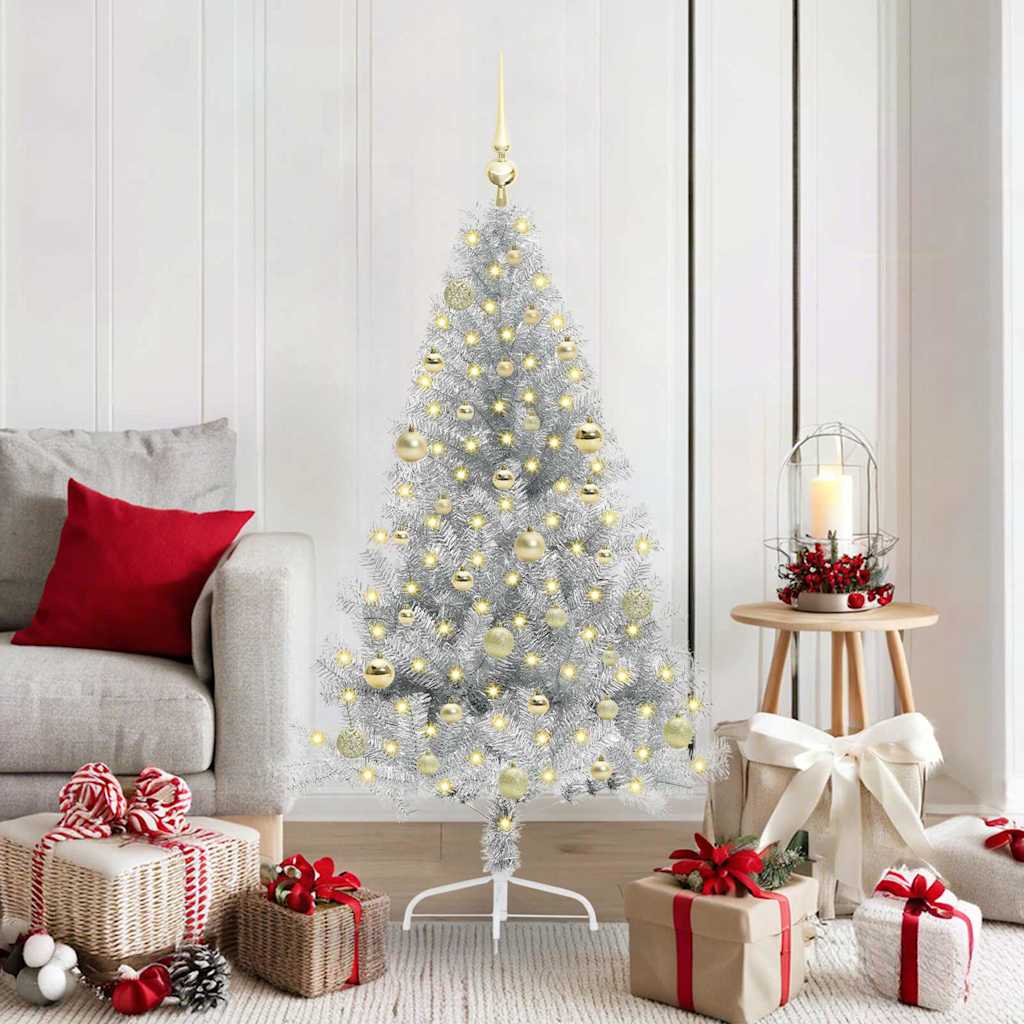 Künstlicher vorbeleuchteter Weihnachtsbaum Silber 150 cm PET