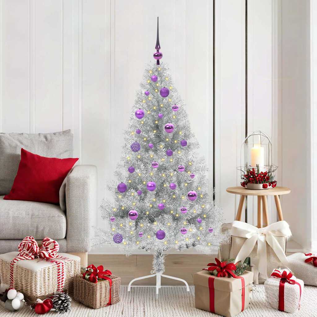 Künstlicher vorbeleuchteter Weihnachtsbaum Silber 150 cm PET