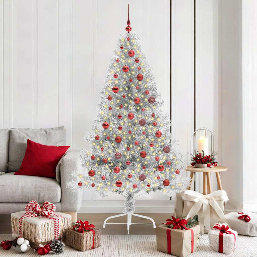 Künstlicher vorbeleuchteter Weihnachtsbaum Silber 180 cm PET