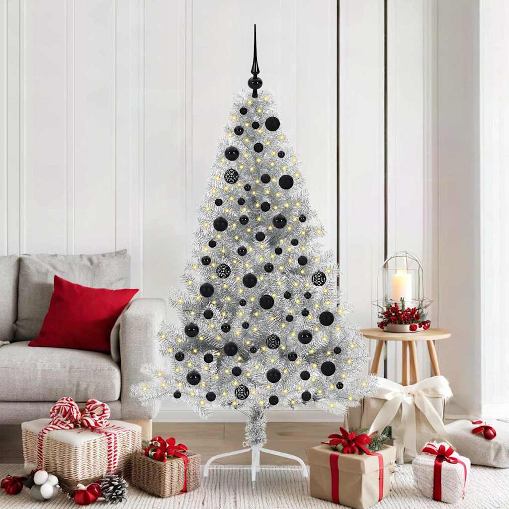 Künstlicher vorbeleuchteter Weihnachtsbaum Silber 180 cm PET
