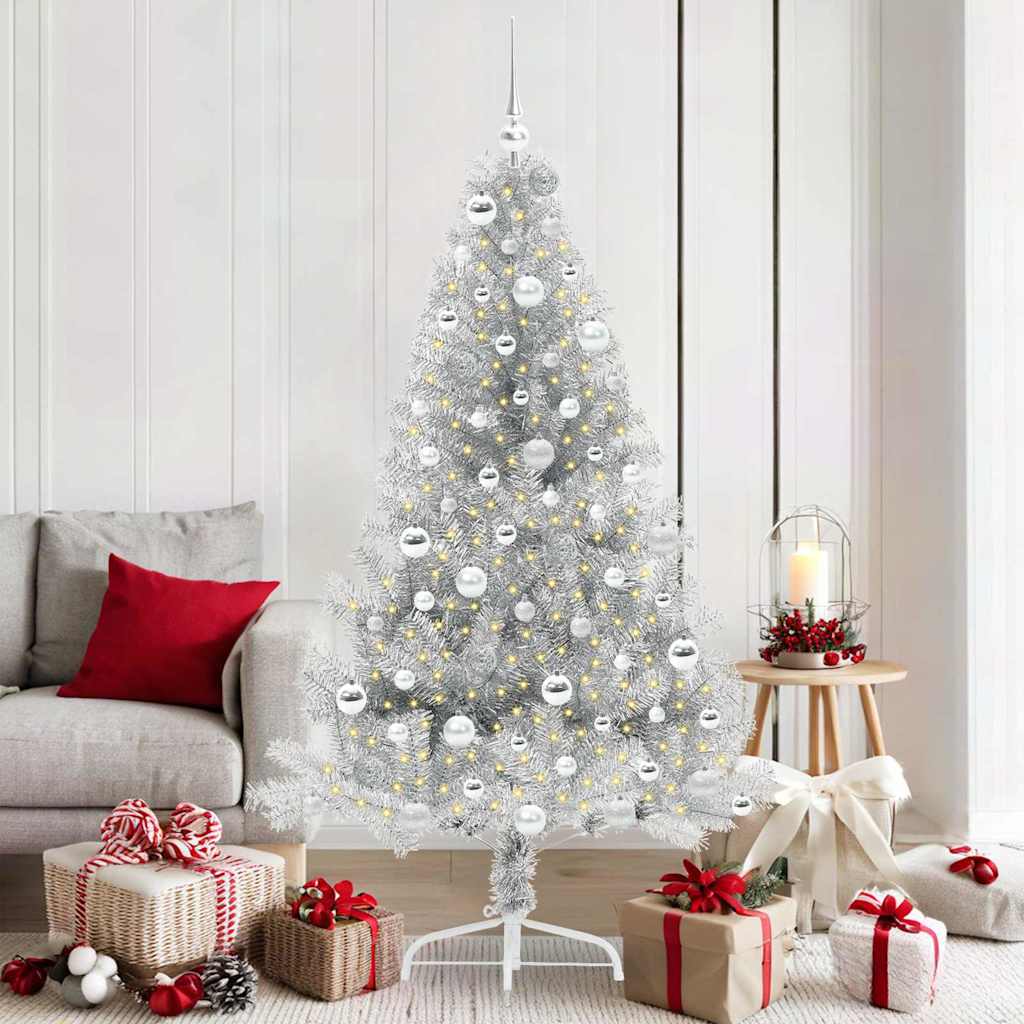 Künstlicher vorbeleuchteter Weihnachtsbaum Silber 180 cm PET
