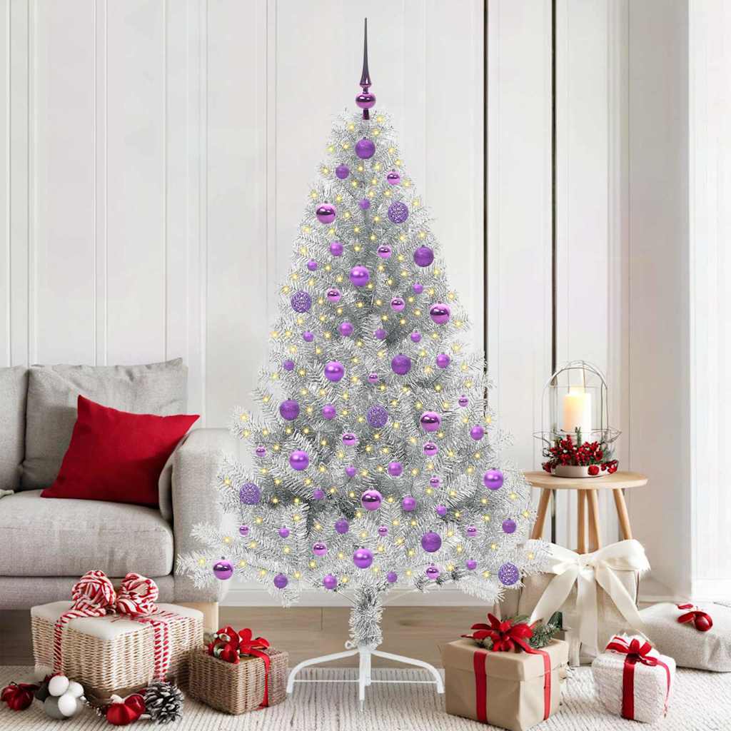 Künstlicher vorbeleuchteter Weihnachtsbaum Silber 180 cm PET