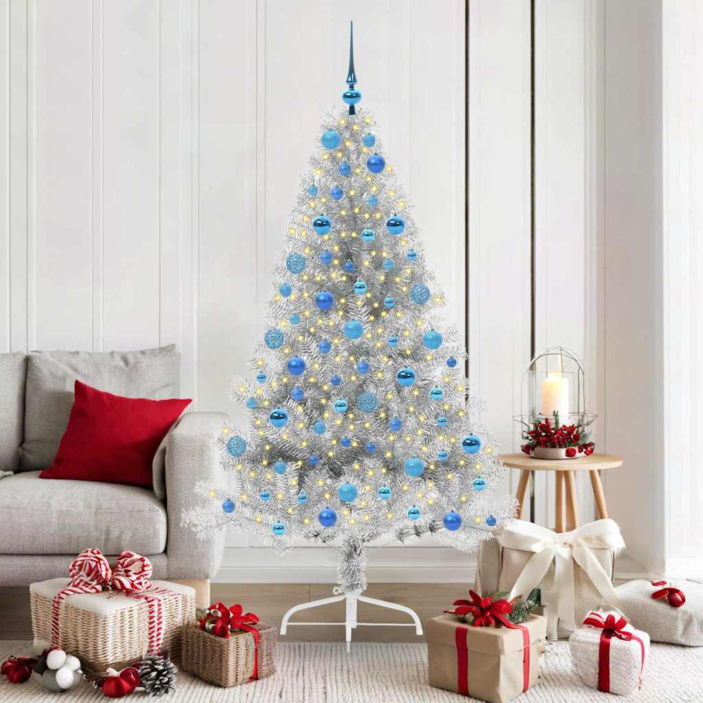 Künstlicher vorbeleuchteter Weihnachtsbaum Silber 180 cm PET