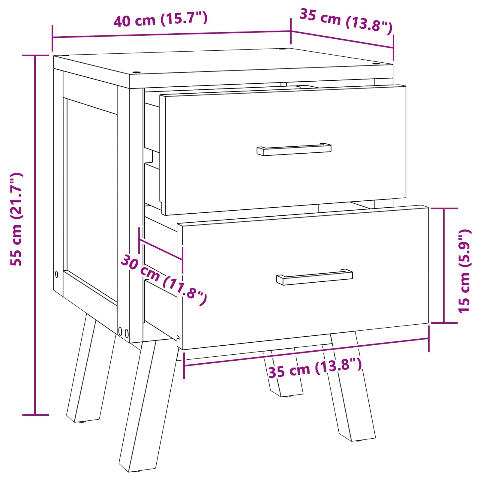 Nachttisch mit Schubladen Natur 40 x 35 x 55 cm Massivholz Teak