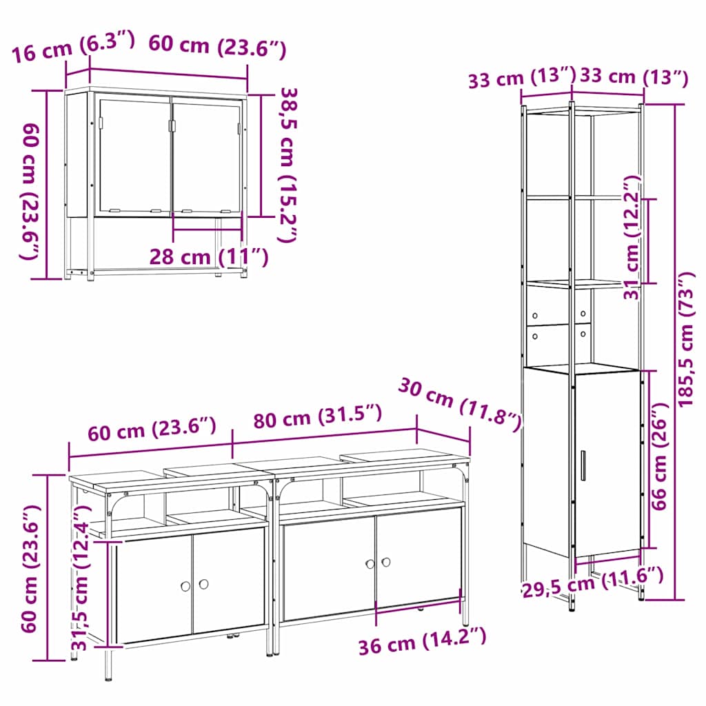 Badezimmermöbel-Set 4 stk. Sonoma-Eiche 33 x 33 x 185,5 cm