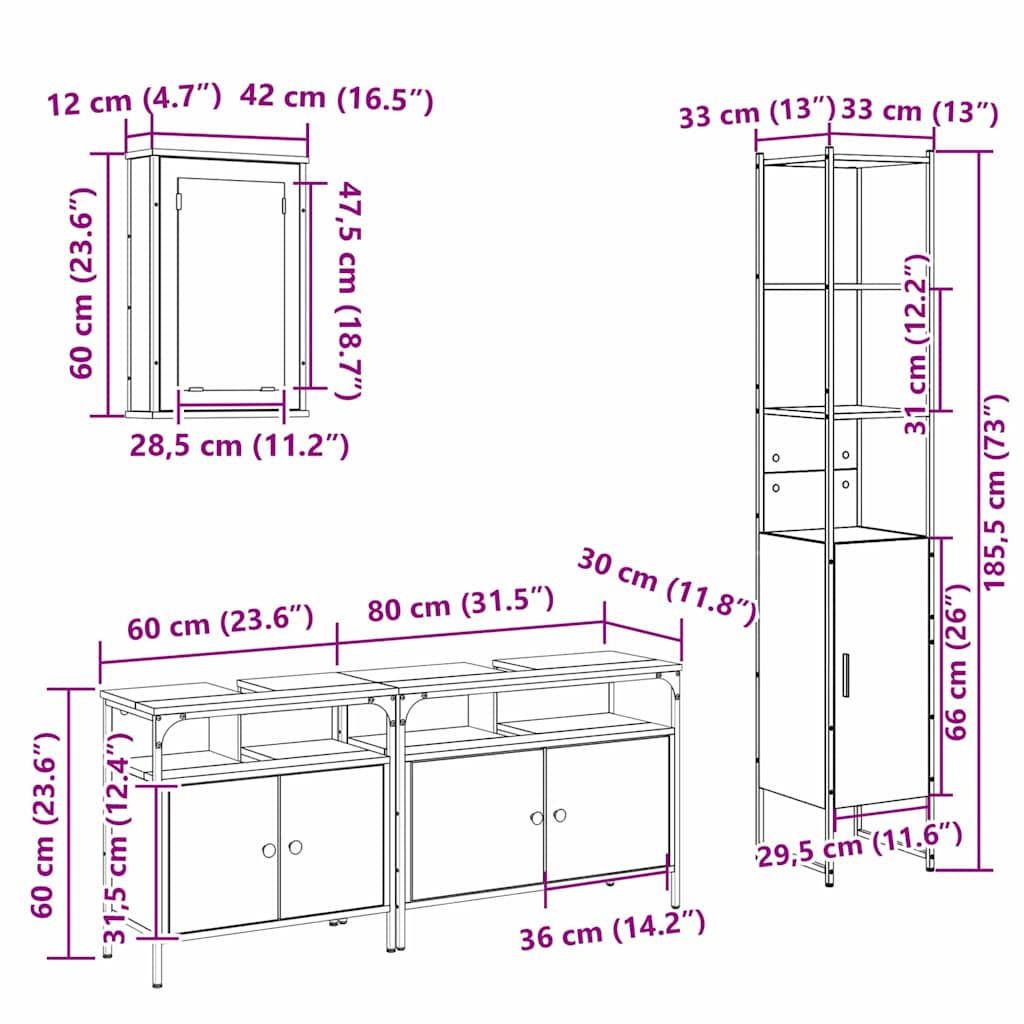 Badezimmermöbel-Set 4 stk. Sonoma-Eiche 33 x 33 x 185,5 cm