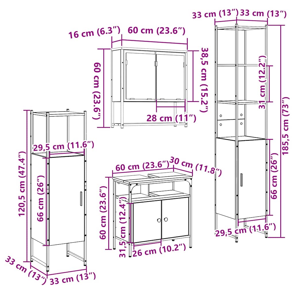 Badezimmermöbel-Set 4 stk. Sonoma-Eiche 33 x 33 x 185,5 cm