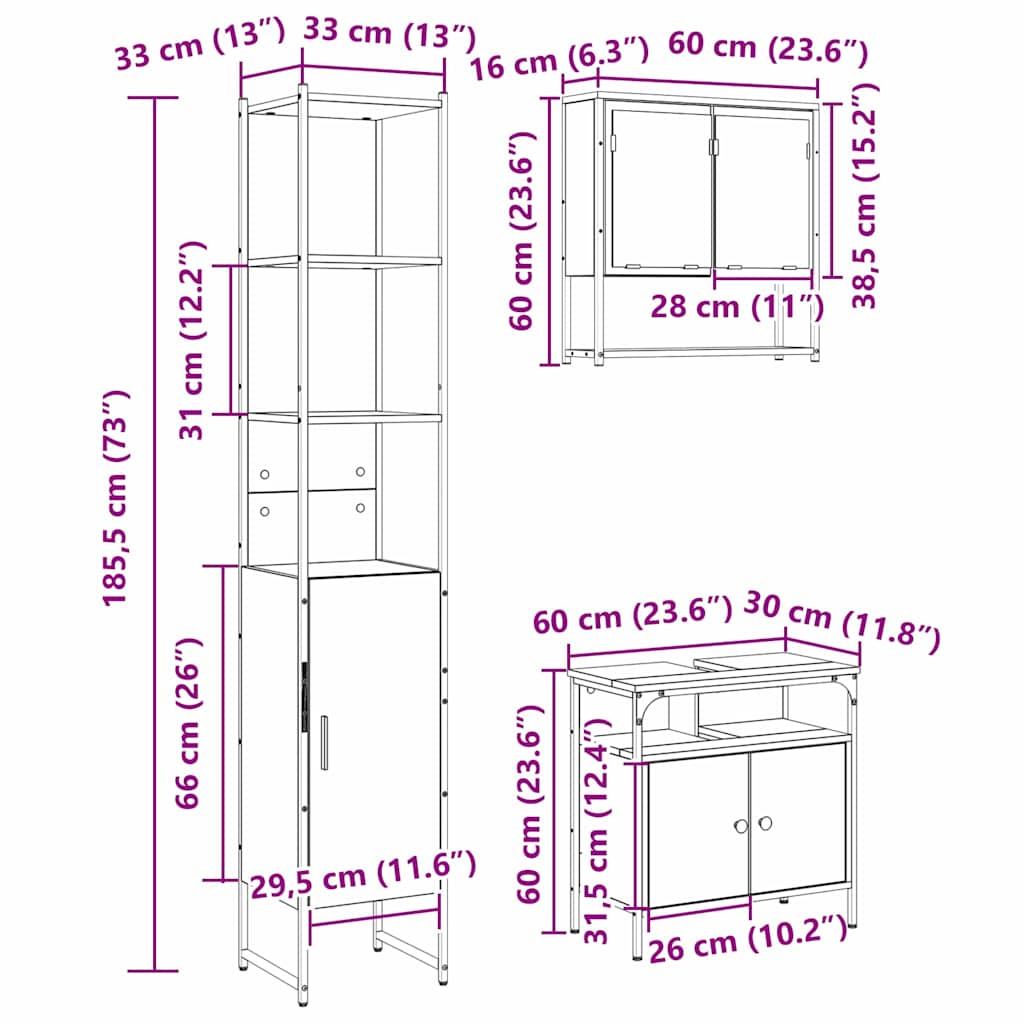 Badezimmermöbel-Set 3 stk. Sonoma-Eiche 33 x 33 x 185,5 cm